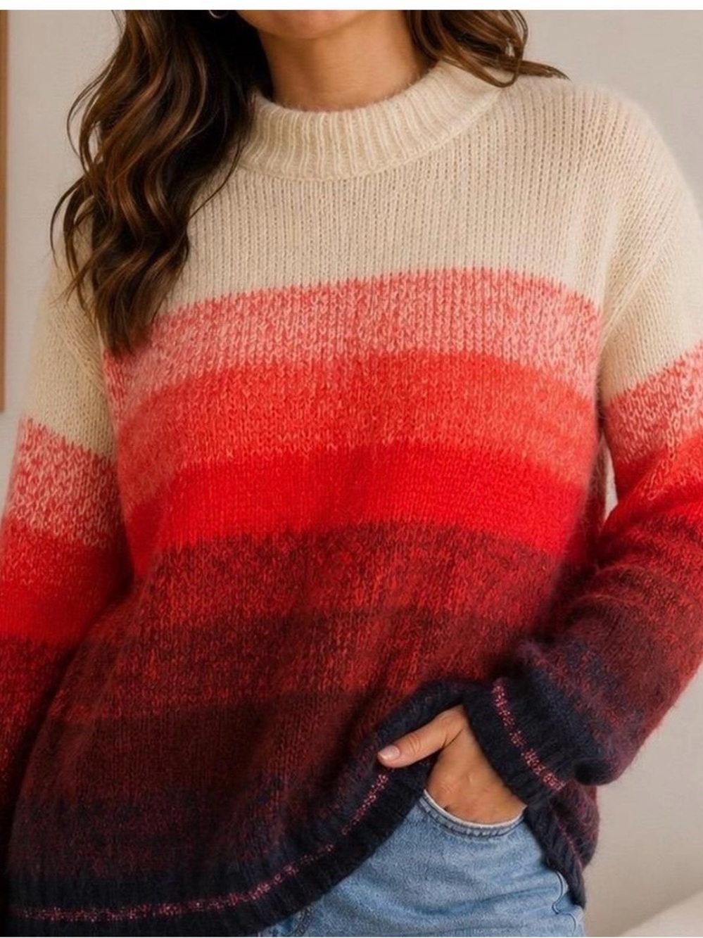 American Eagle Cozy Ombre Sweater in Cream and Red size S